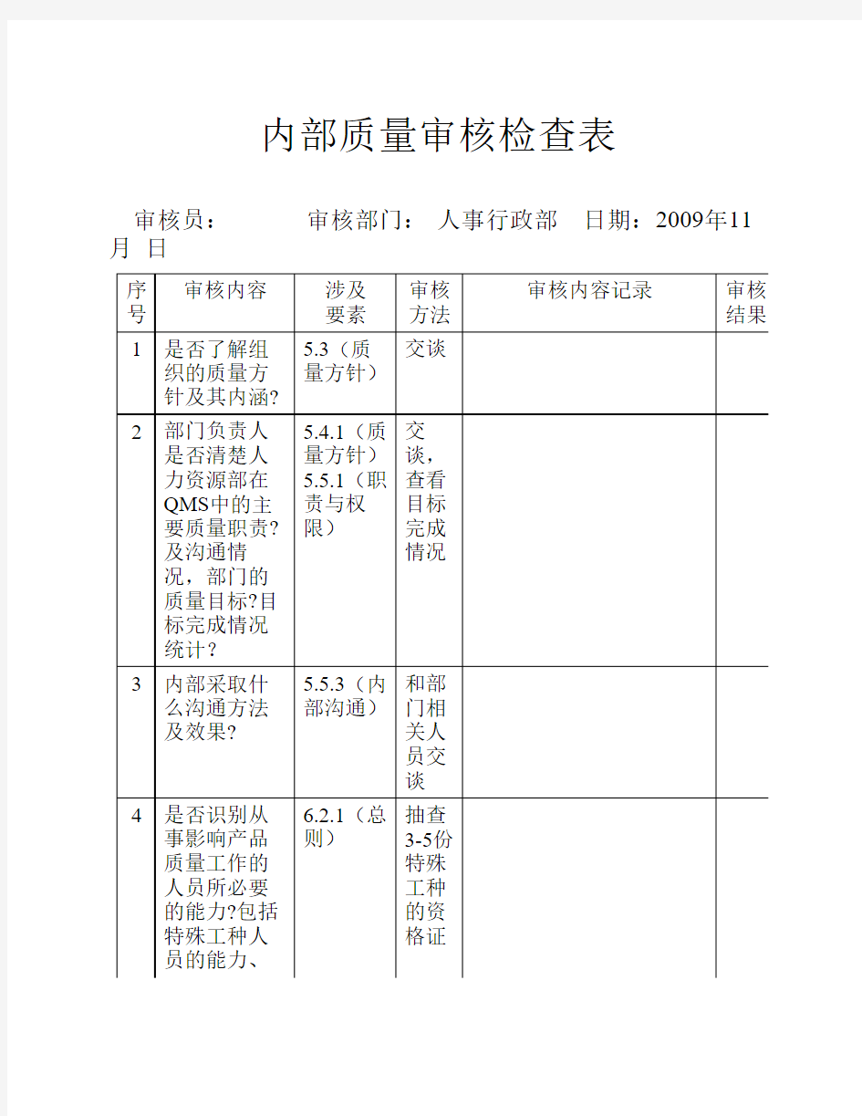 人事行政部检查表