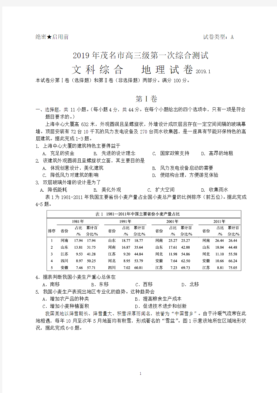 广东省茂名市2019届高三第一次(1月)综合测试文综地理试题(WORD版)