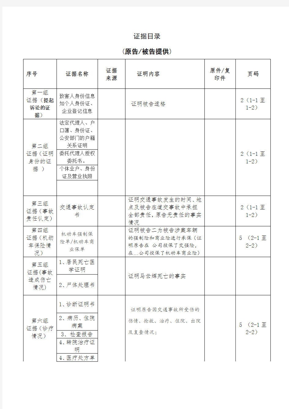 交通事故纠纷证据目录2018513