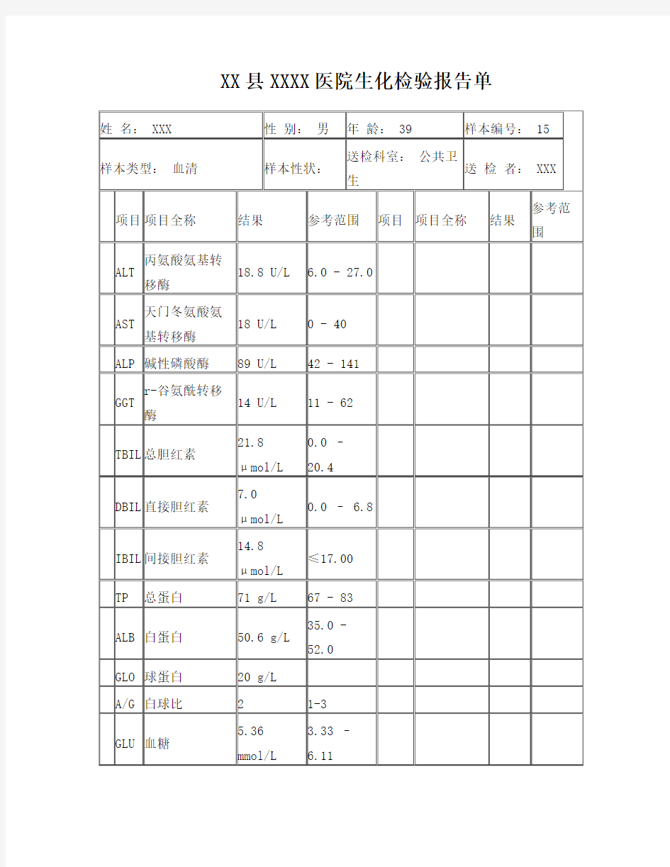 医院生化检验报告单