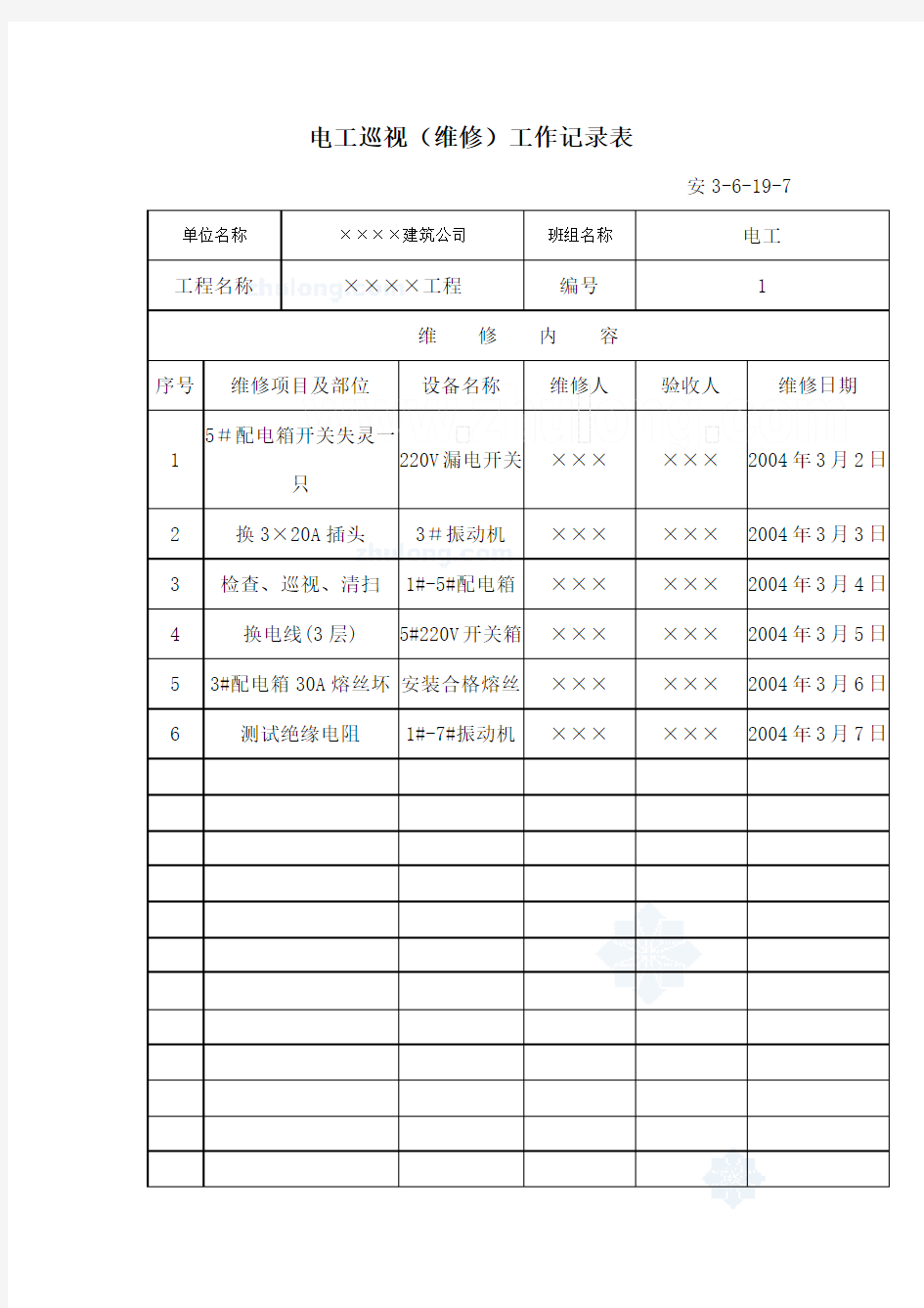 电工巡视维修工作记录表