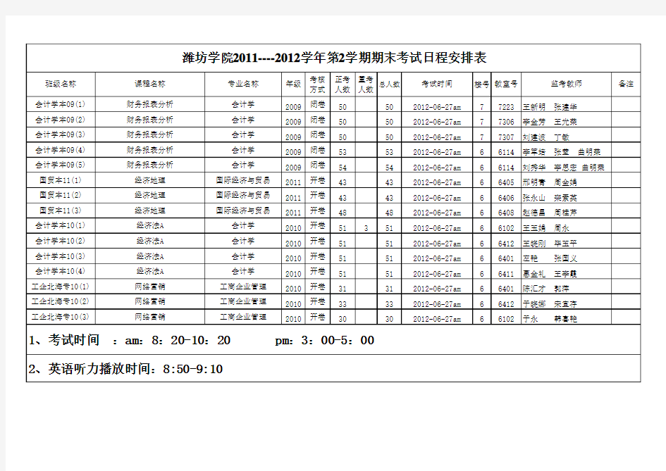 期末考试日程安排表