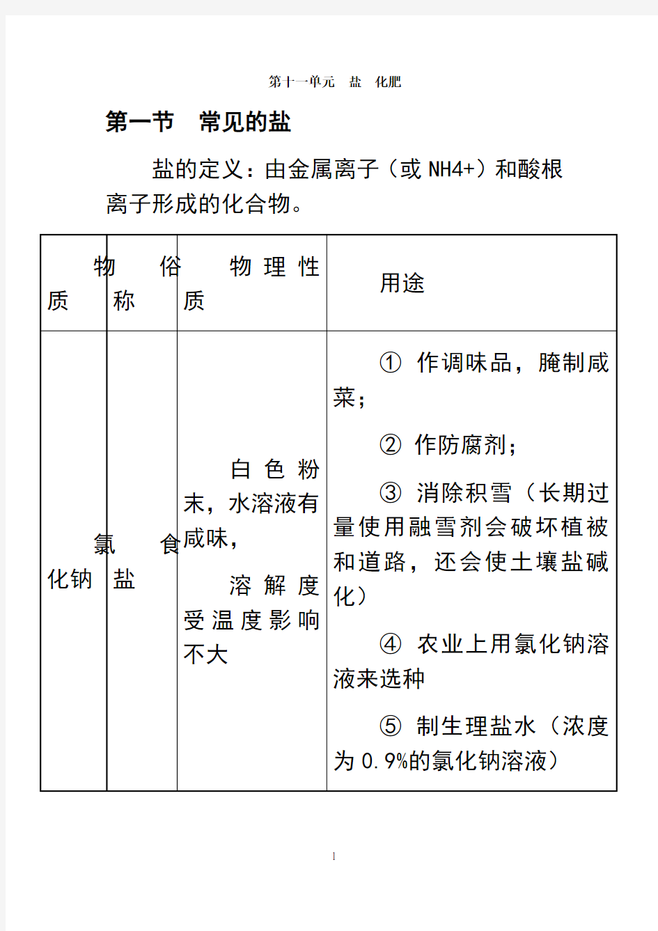 最新人教版九年级下册化学第十一章盐和化肥知识点总结教学文稿