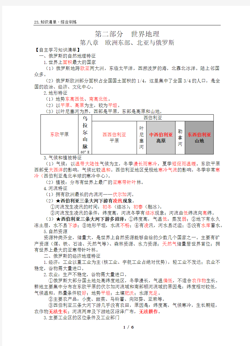 知识清单23：2.8 世界区域地理《欧洲东部、北亚与俄罗斯》(老师)