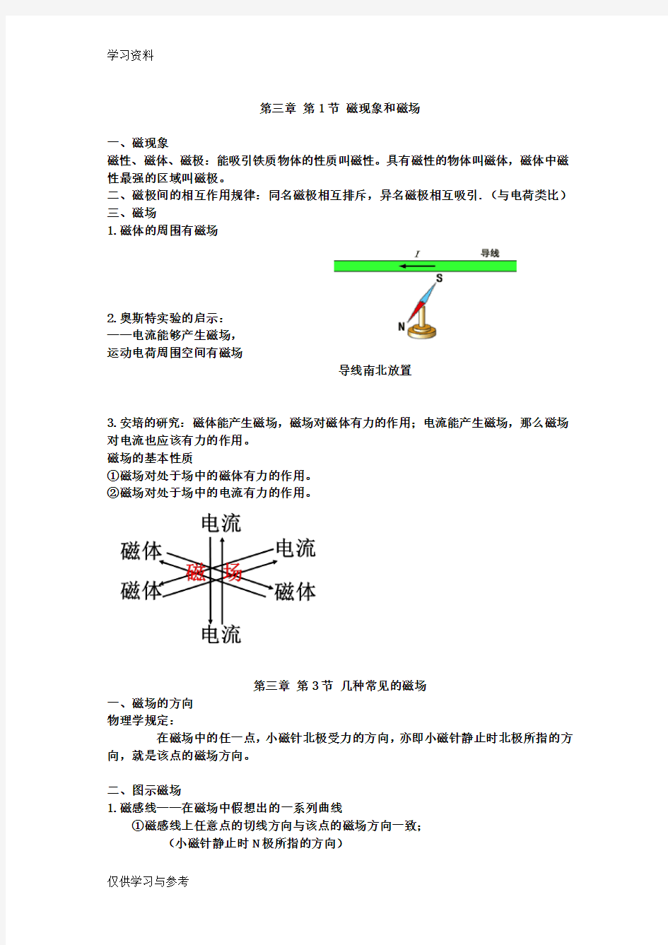 高中物理 磁现象和磁场知识点总结教学内容