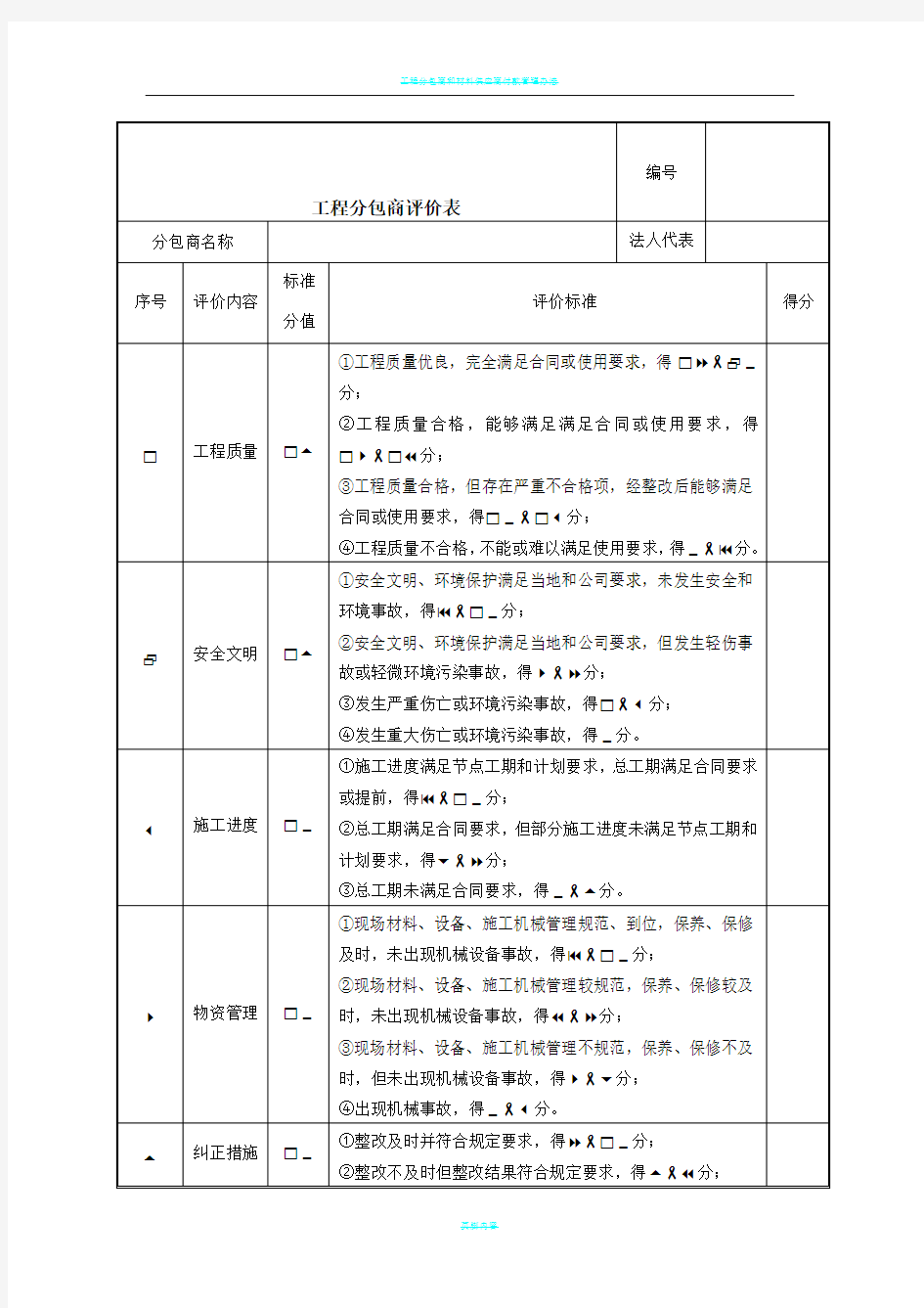 工程分包商评价表