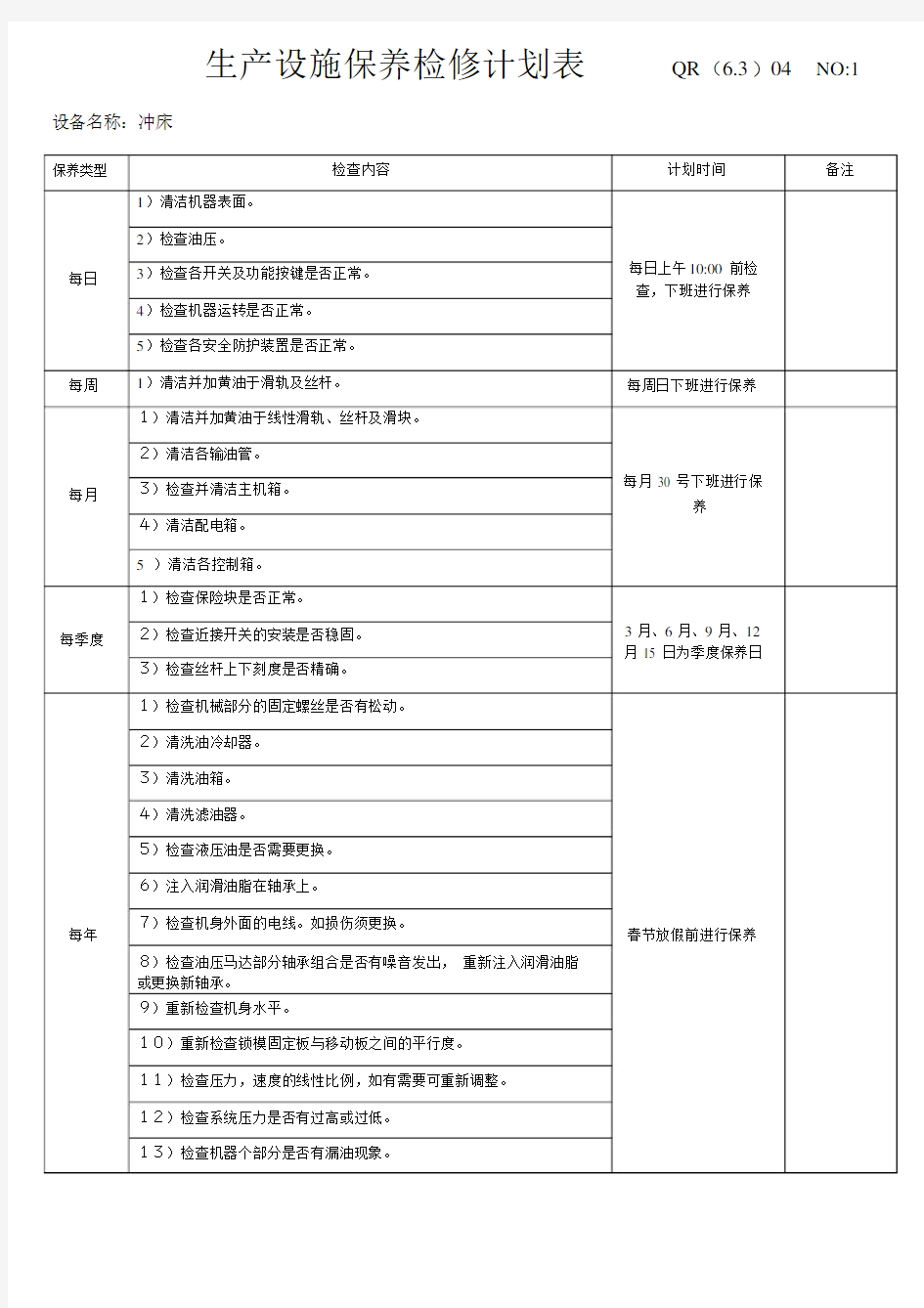 设备维护保养计划