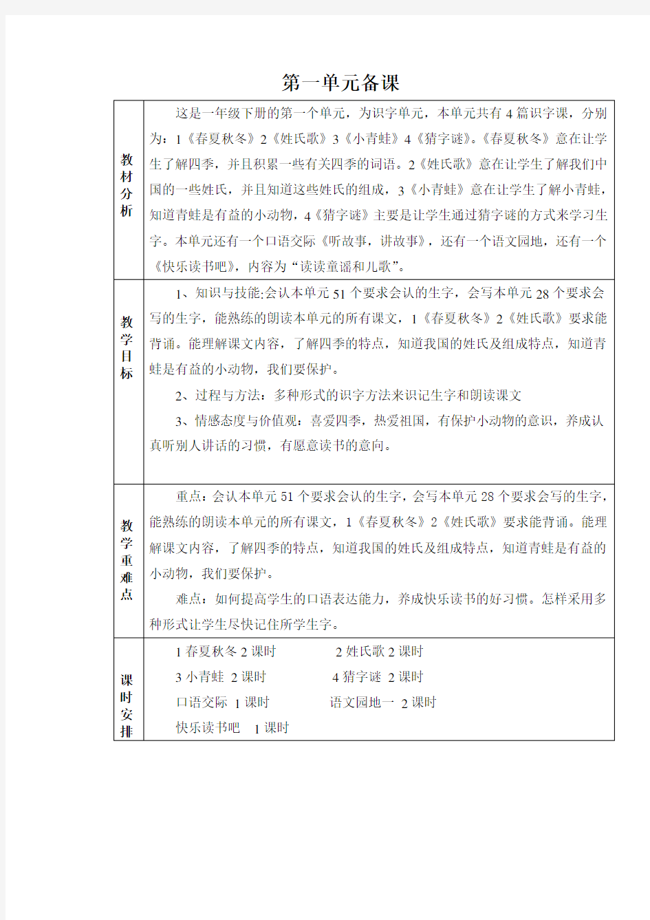 部编小学一年级语文下册第一单元全单元备课