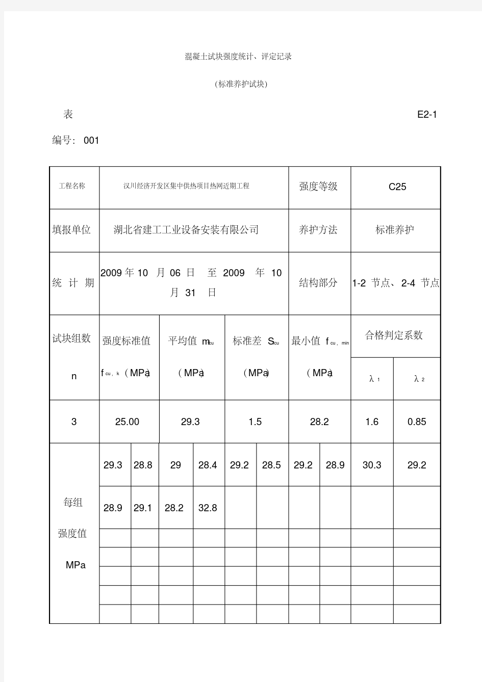 混凝土试块强度统计评定记录表