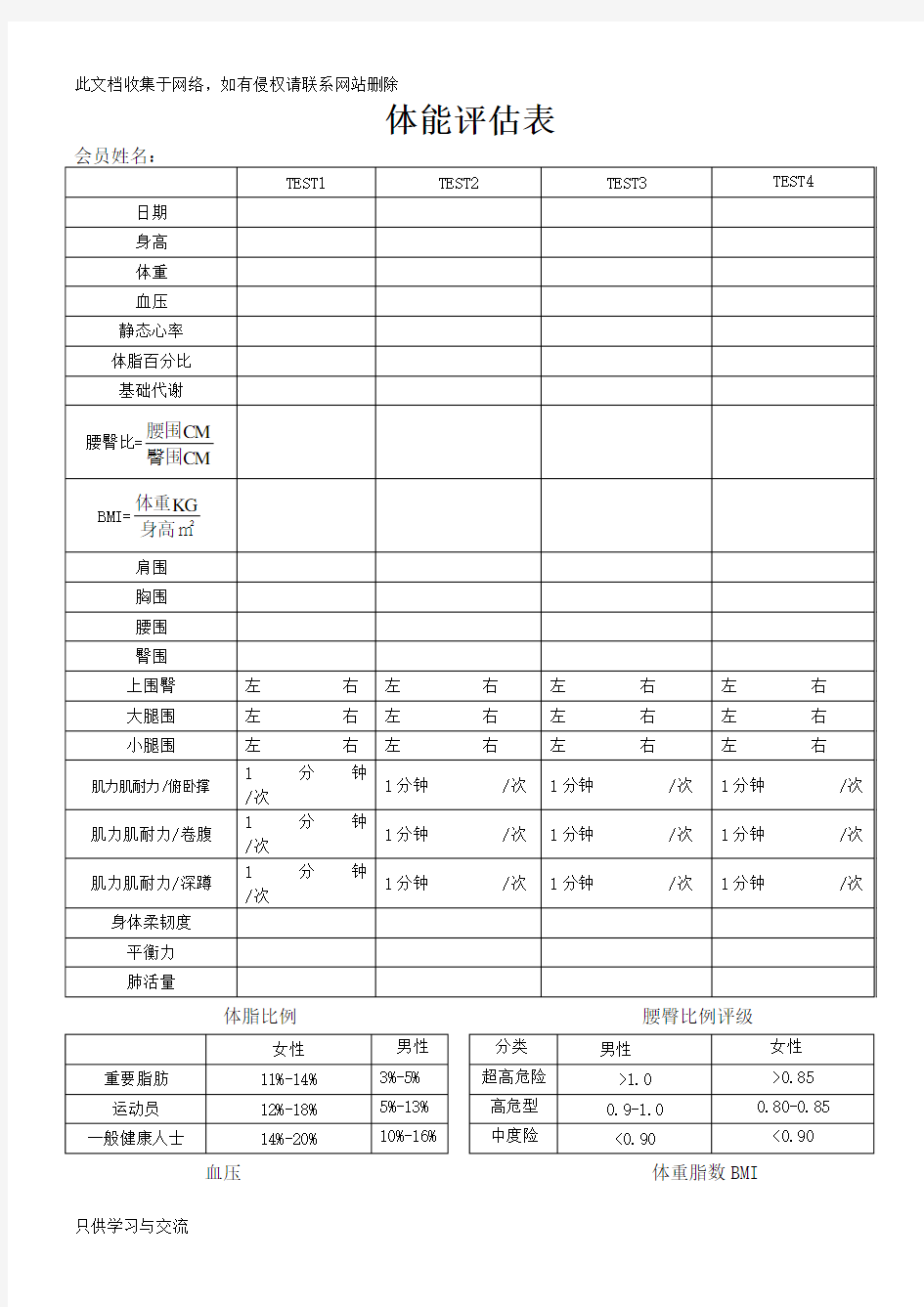 健身房体能评估表