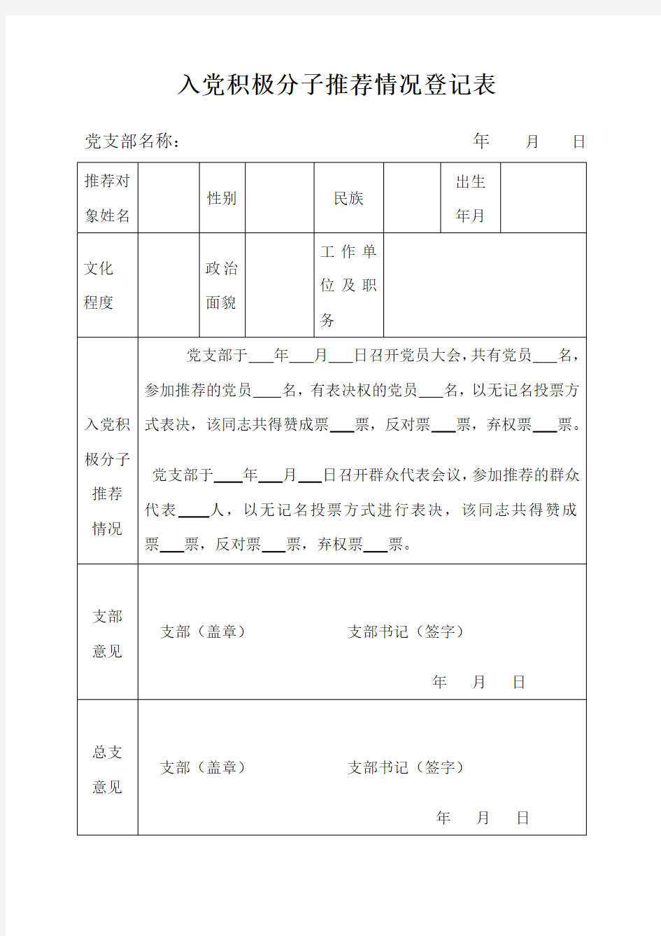 1入党积极分子推荐情况登记表