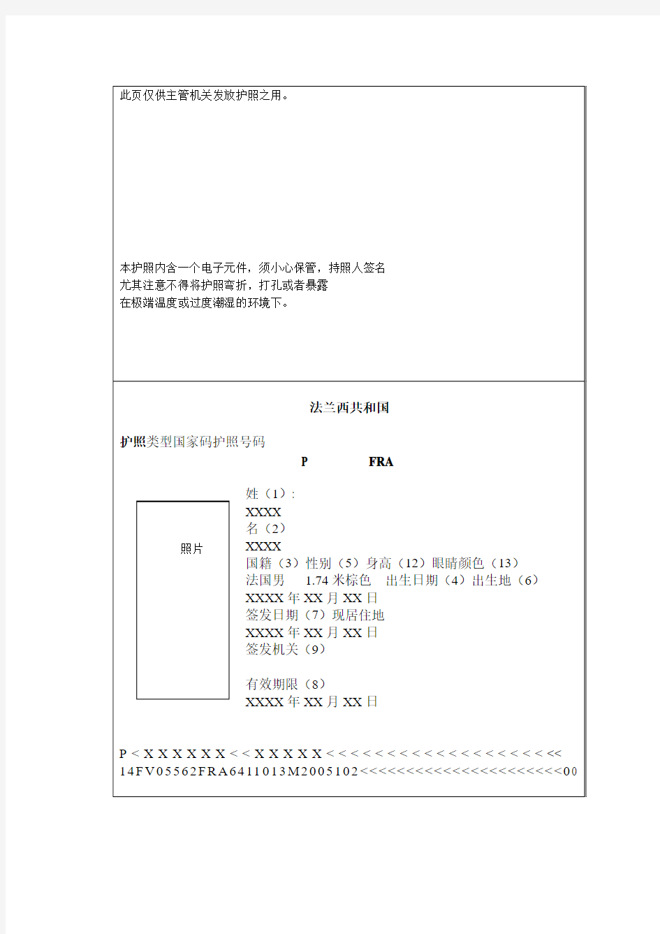 法国护照翻译模板