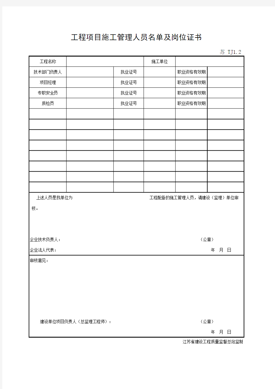 001-TJ1.2 工程项目施工管理人员名单及岗位证书