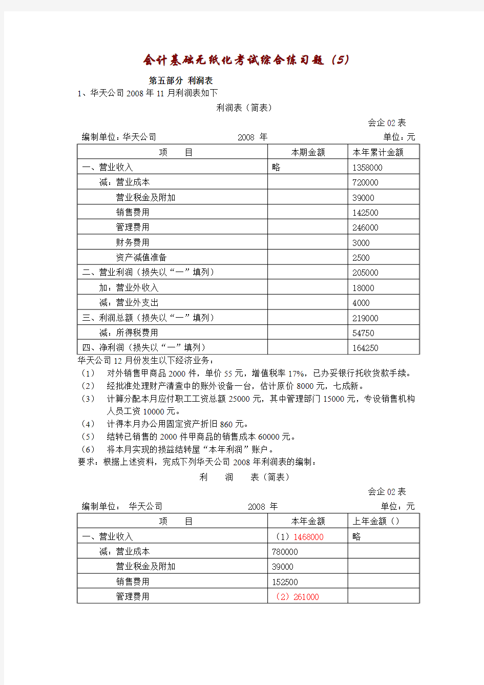 会计基础无纸化考试综合练习题(利润表及答案)