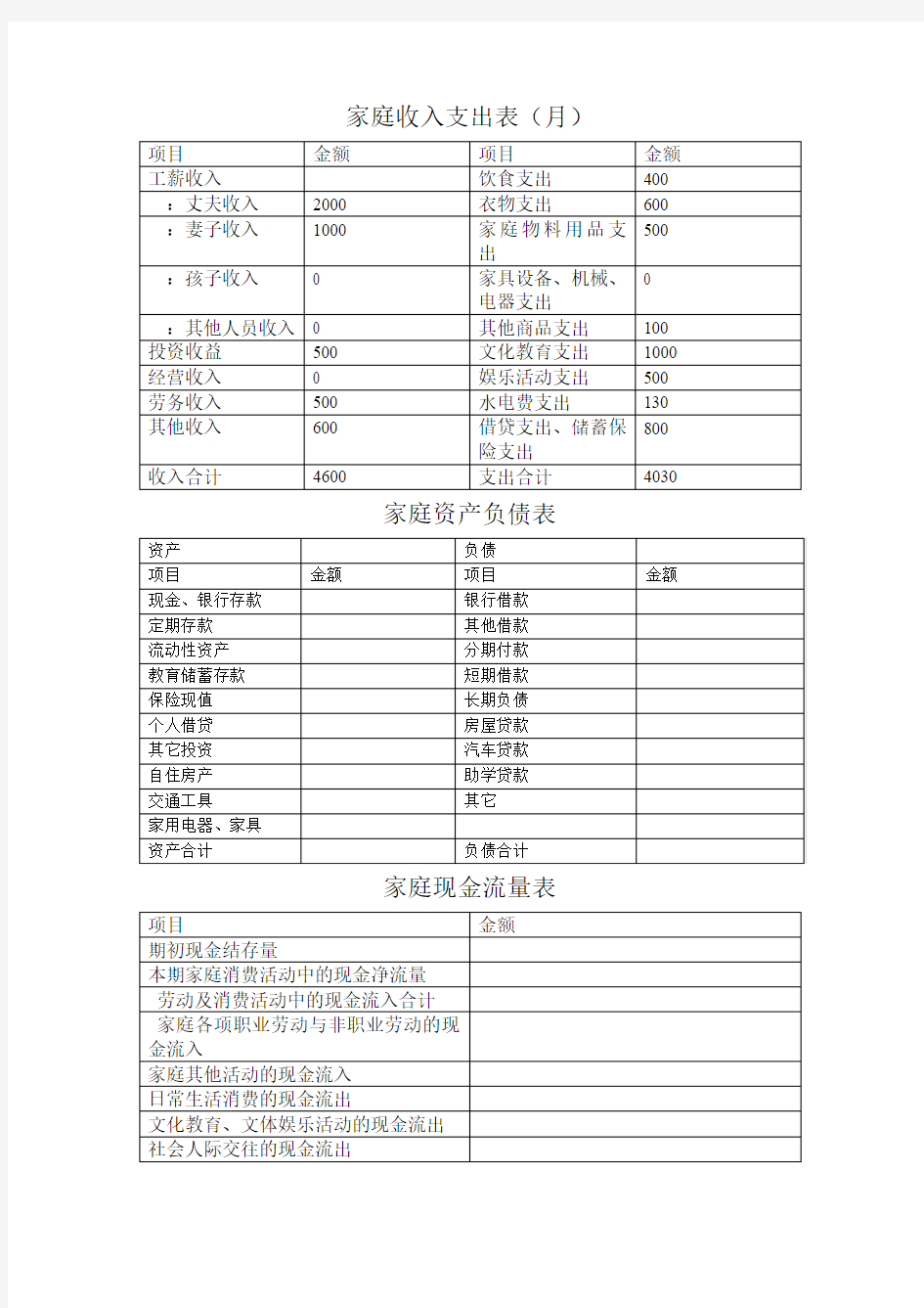 家庭收入支出表