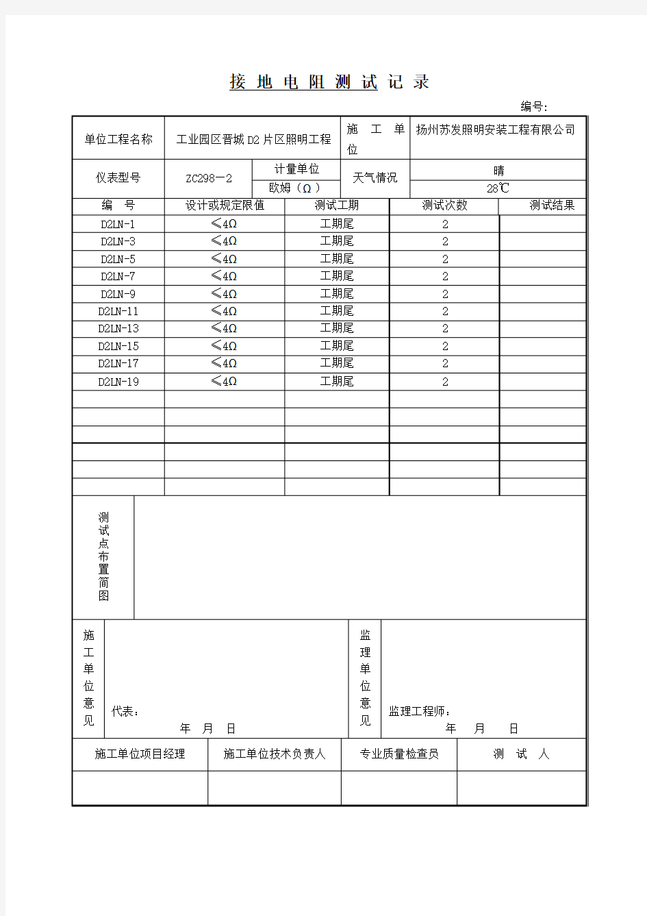 绝缘电阻测试记录表