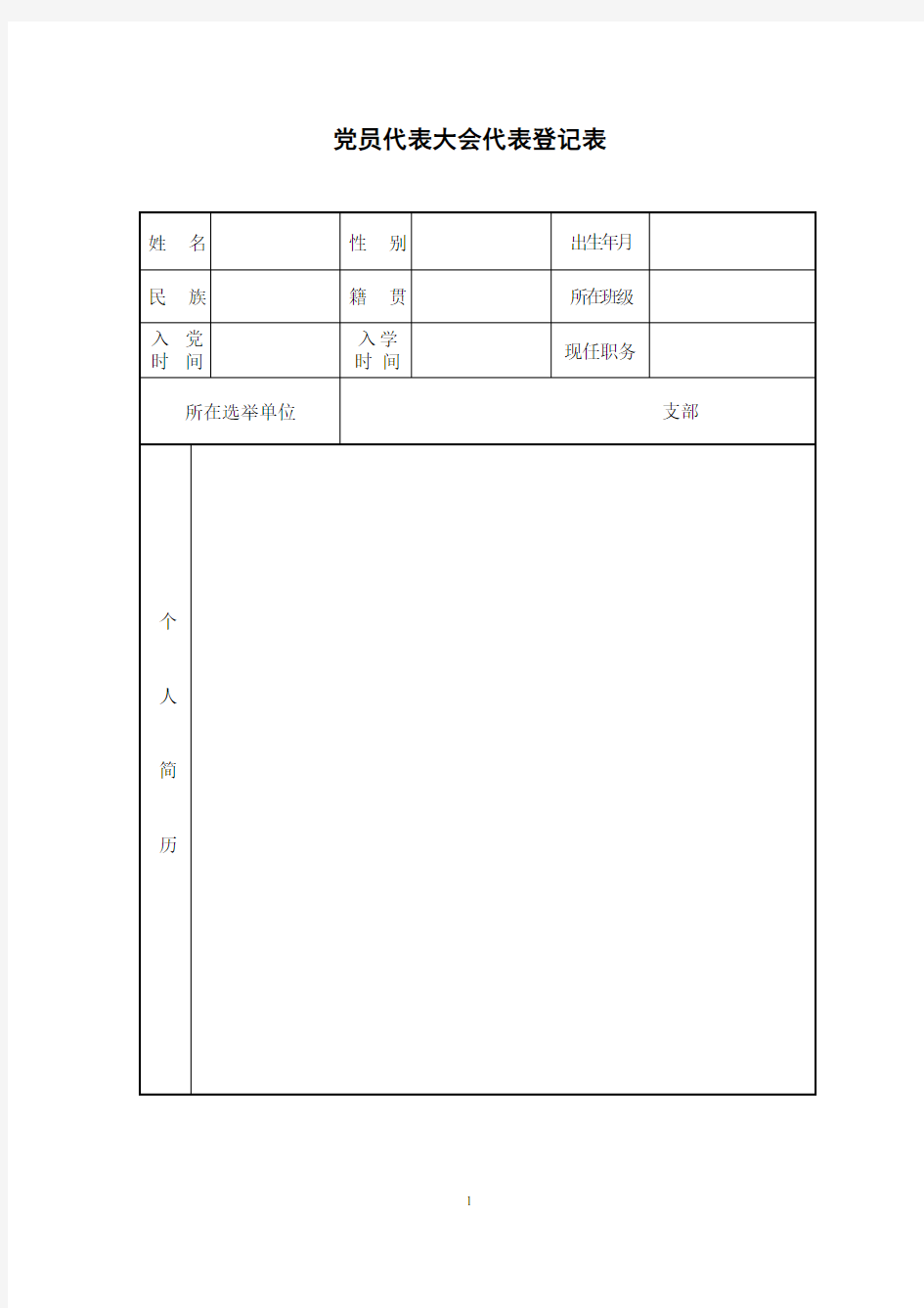 党员代表大会代表登记表