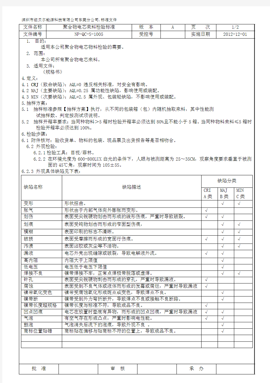 聚合物电芯来料检验标准