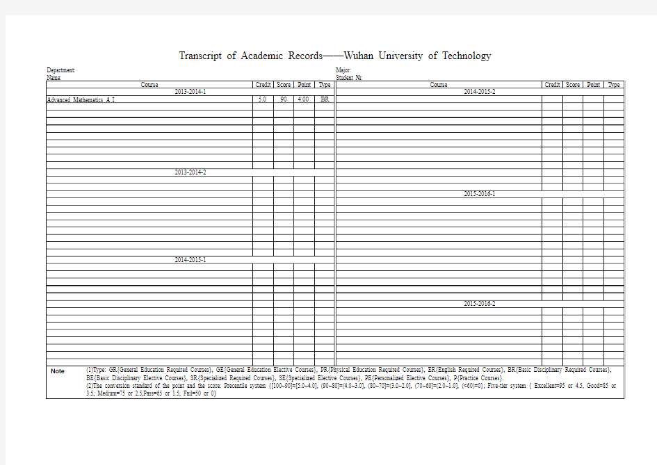 武汉理工大学英文(教务处)成绩单模板