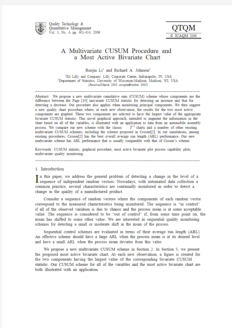 A Multivariate CUSUM Procedure and a Most Active Bivariate Chart