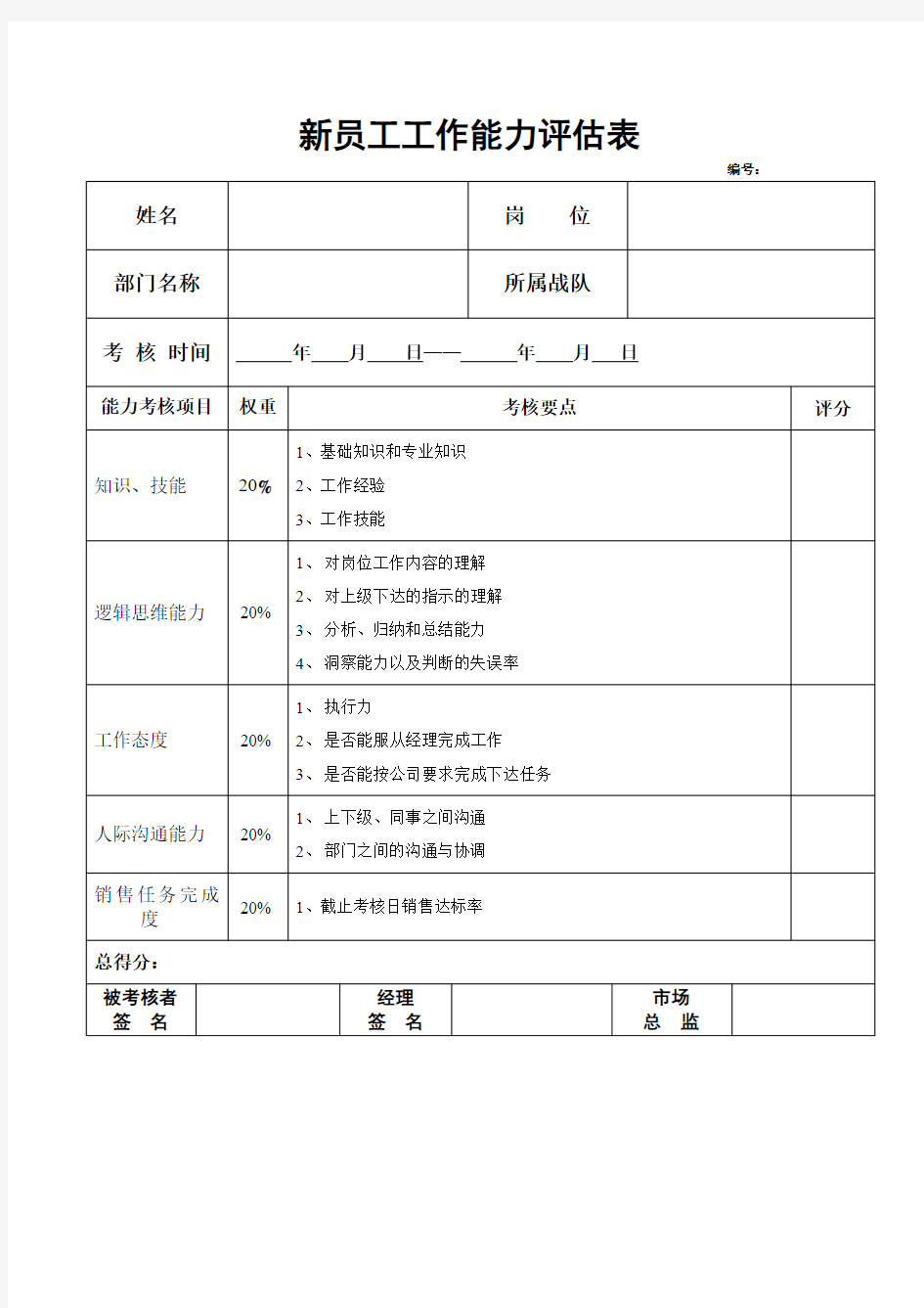 新员工工作能力评估表