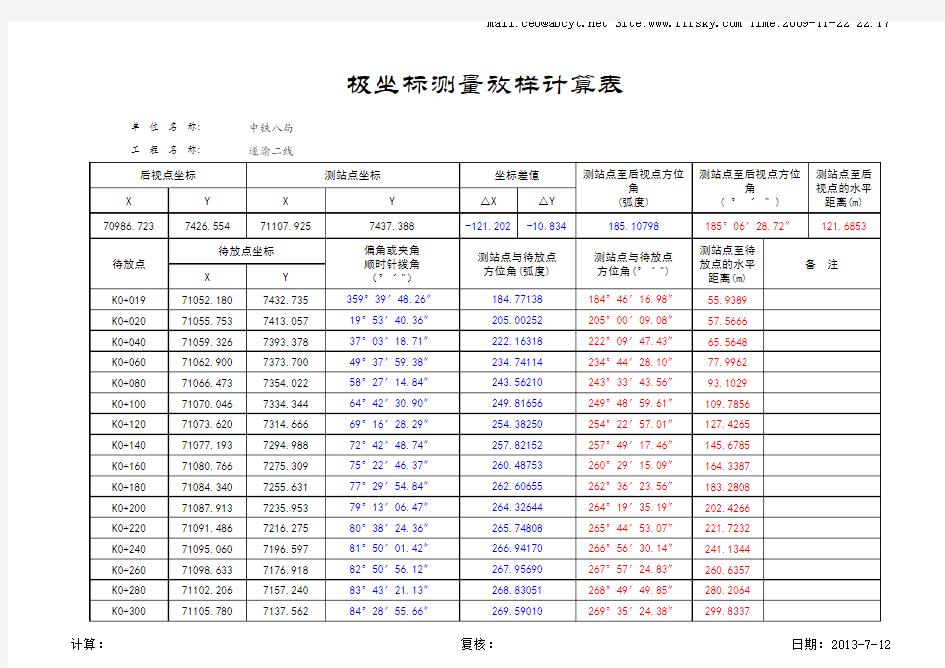 极坐标测量放样计算表