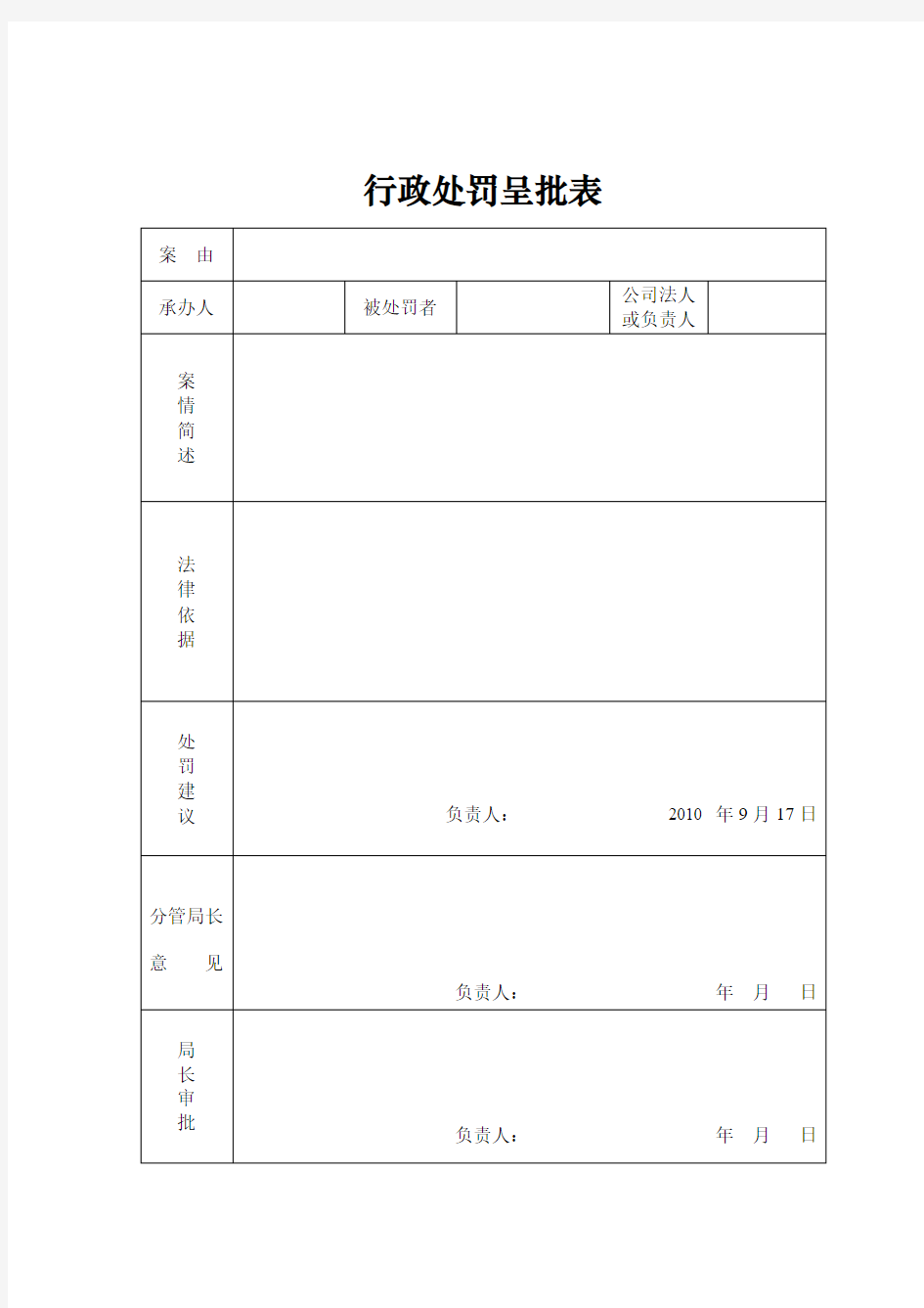 行政处罚呈批表