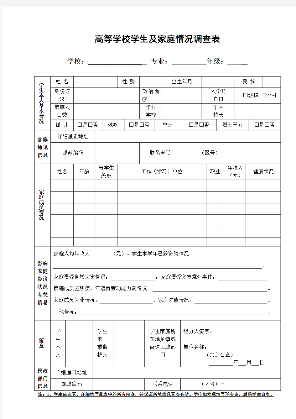 家庭经济困难证明相关表格