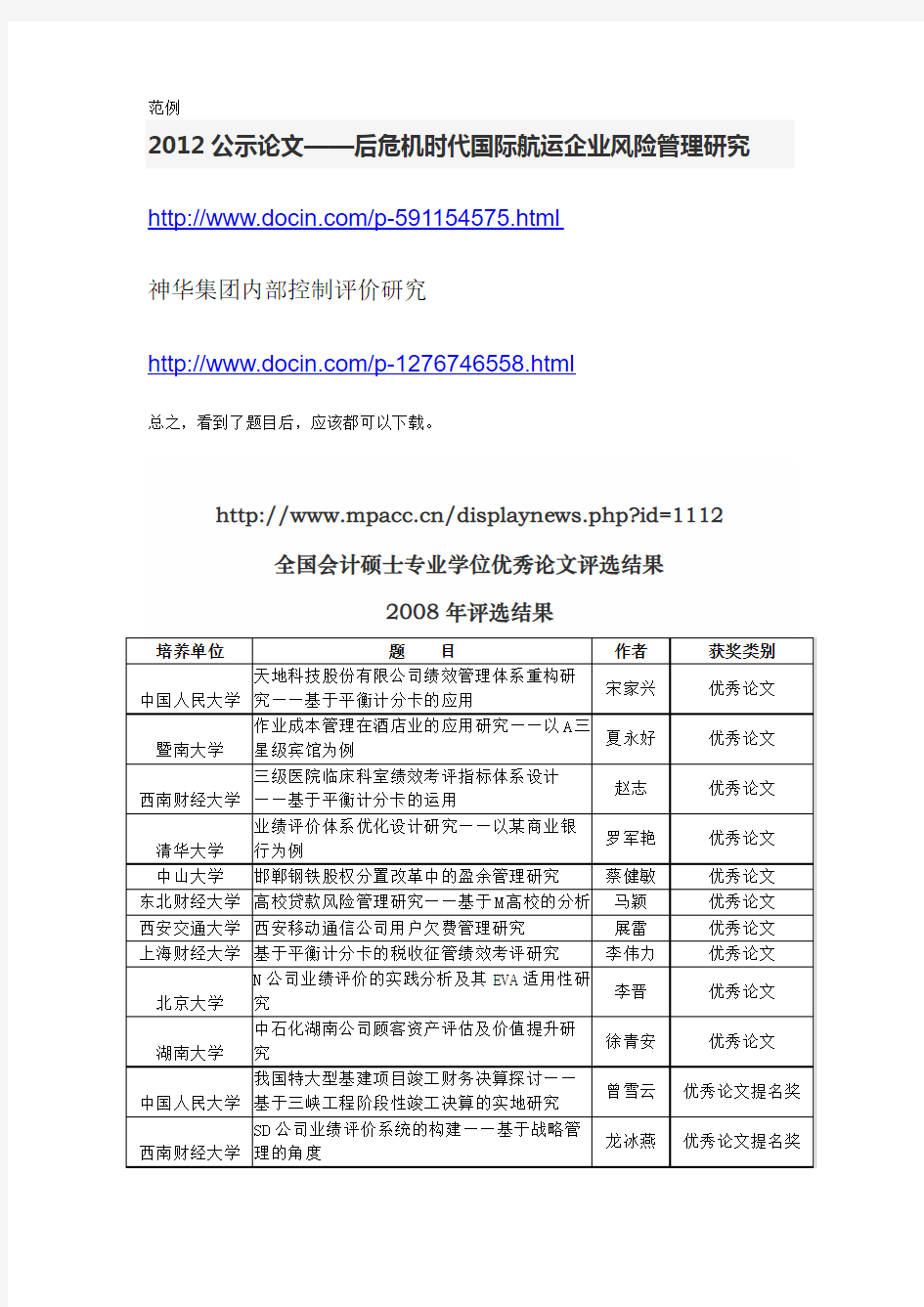 l历年MPACC优秀毕业论文名单