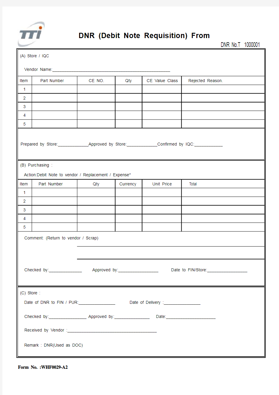 WHF0029-A2 Debit Note Requisition (DNR form)