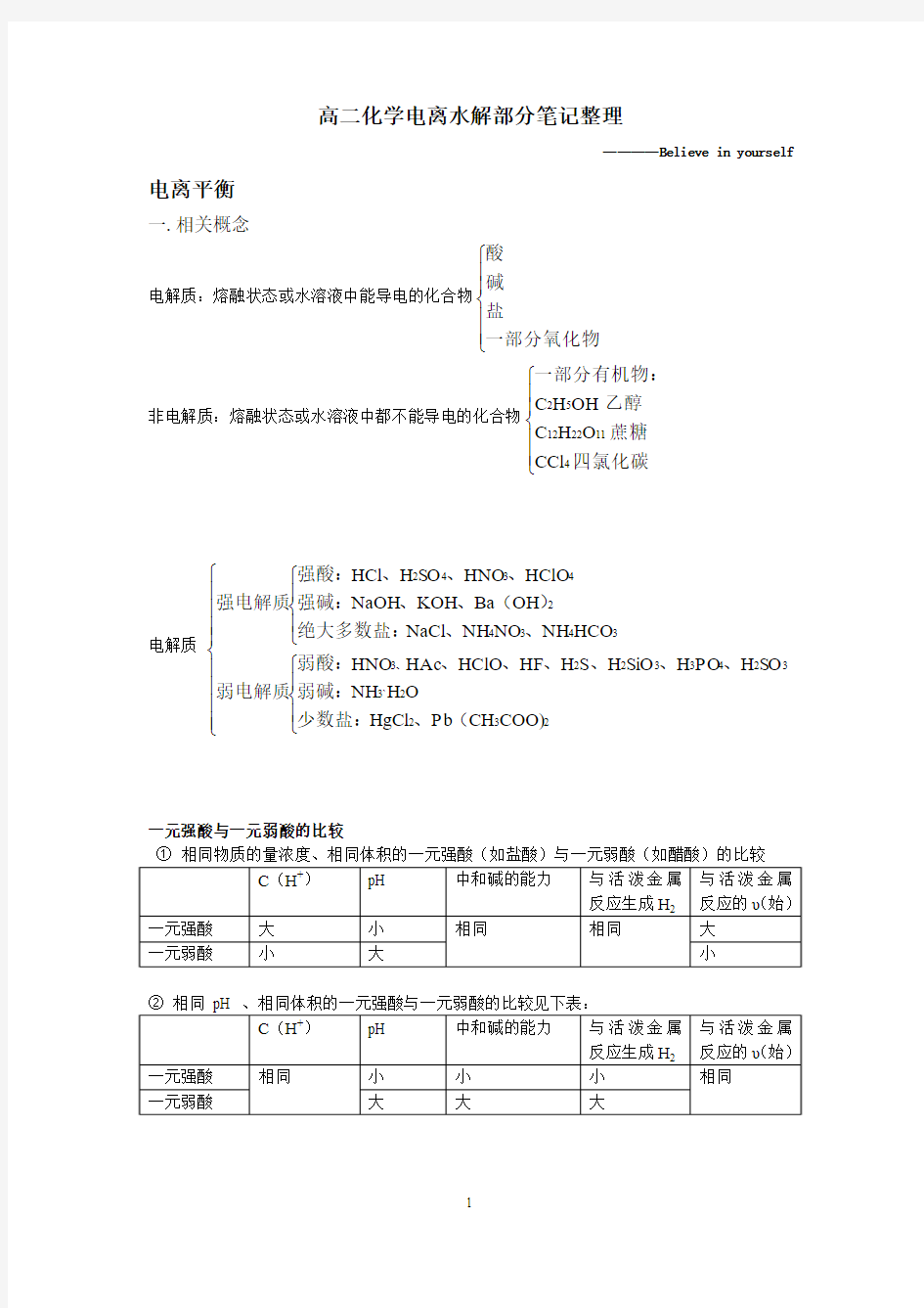 高二化学电离水解部分笔记整理