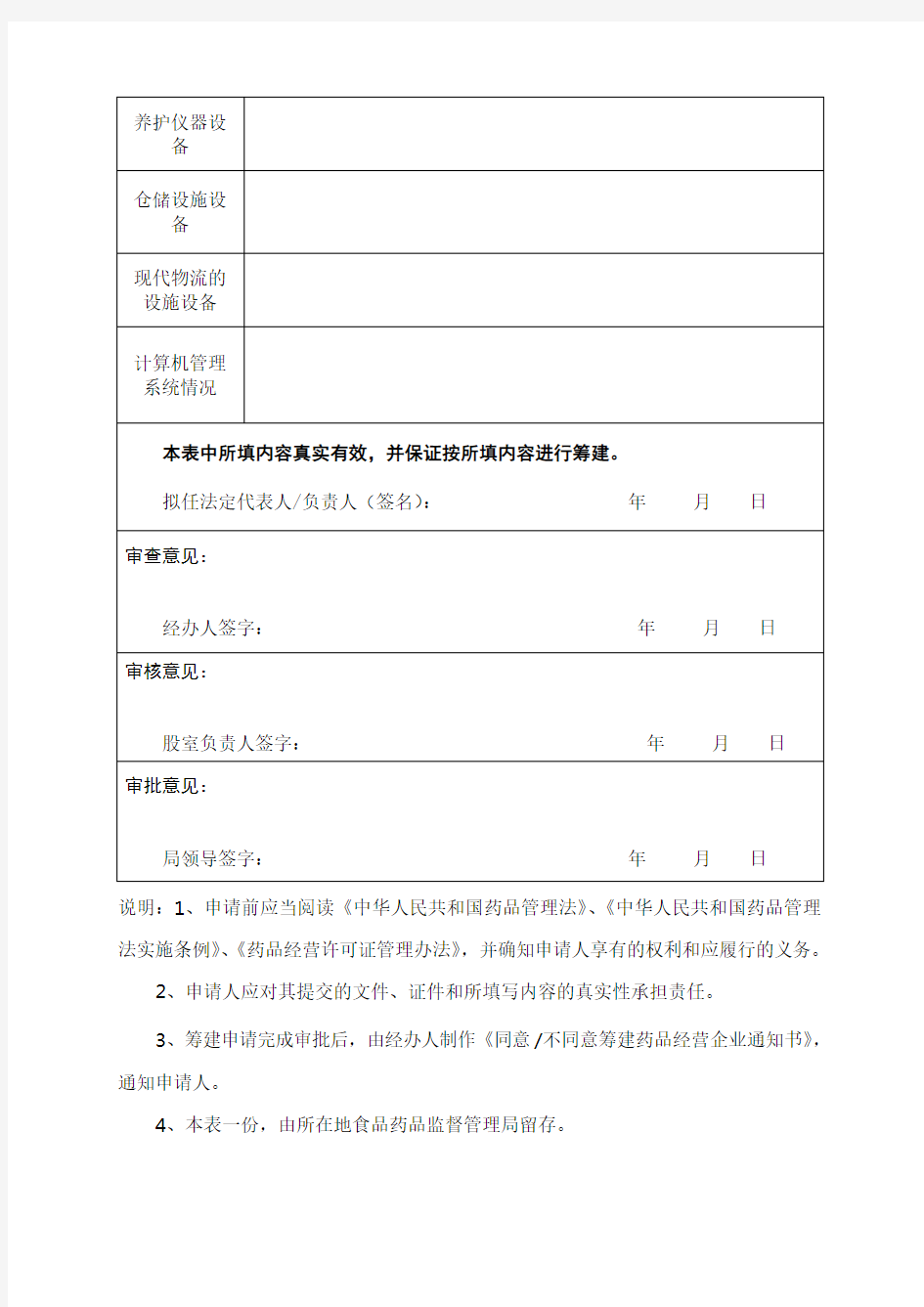 药品经营企业筹建申请表