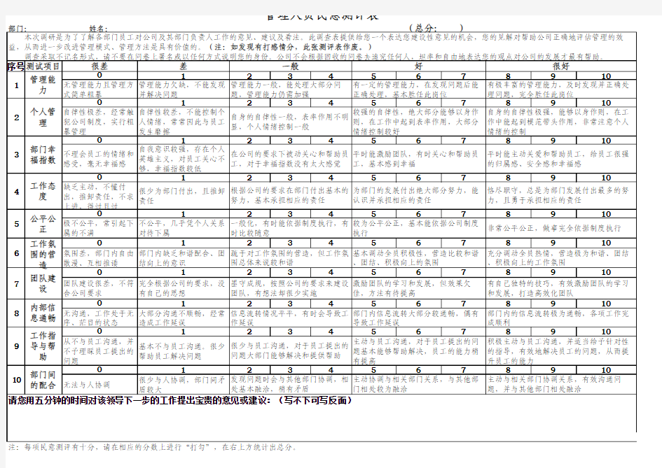 管理人员的民意测评表