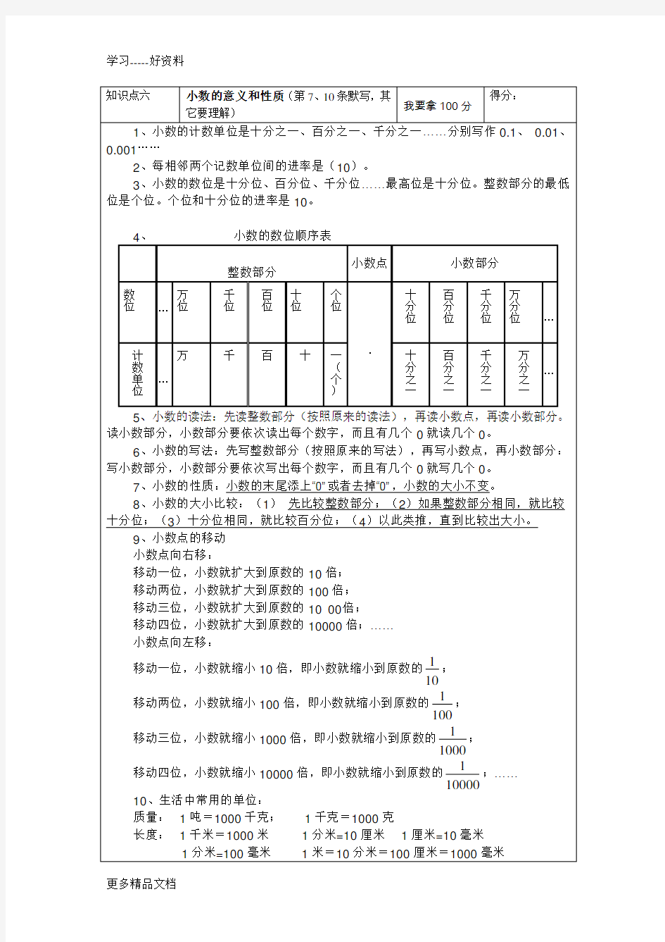 四年级数学小数的意义和性质知识点汇编