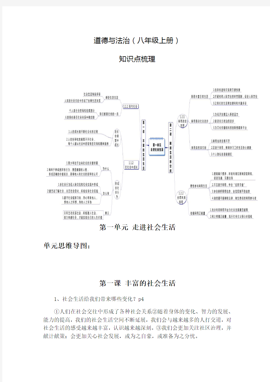 人教版道德与法治八年级上册知识框架考点梳理