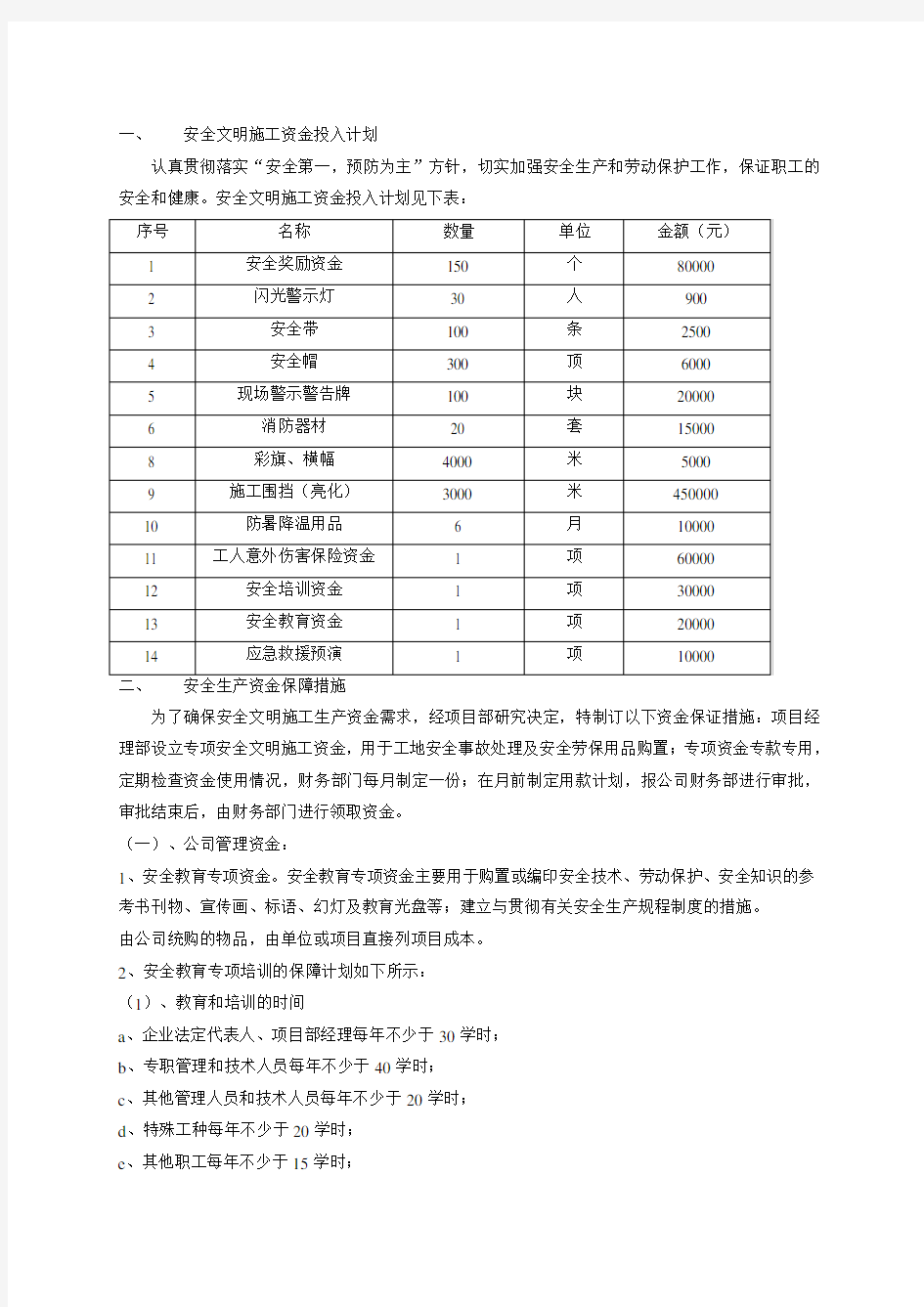 安全文明施工资金投入计划及保障措施