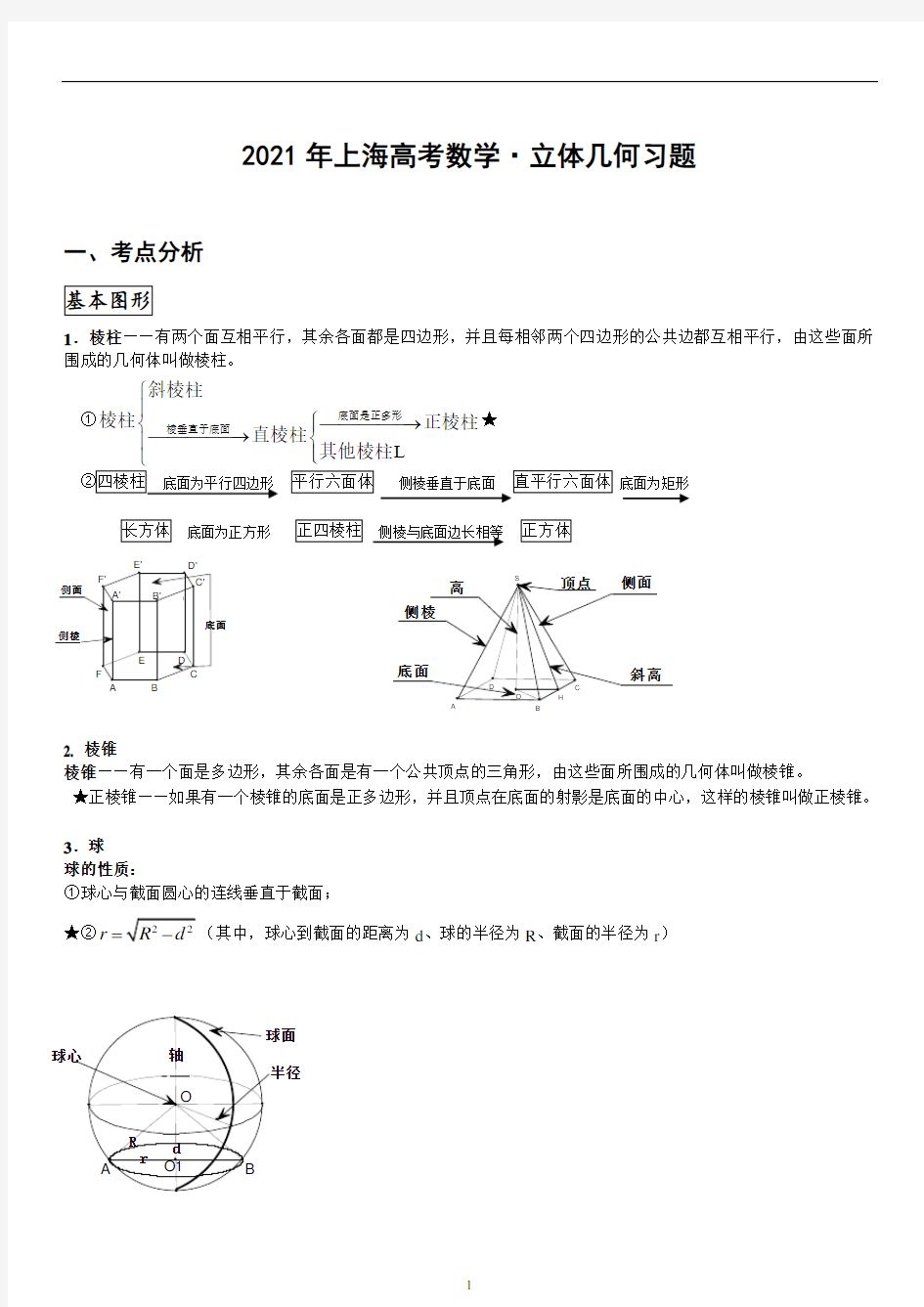 2021年上海高考数学 立体几何强化训练(综合版)