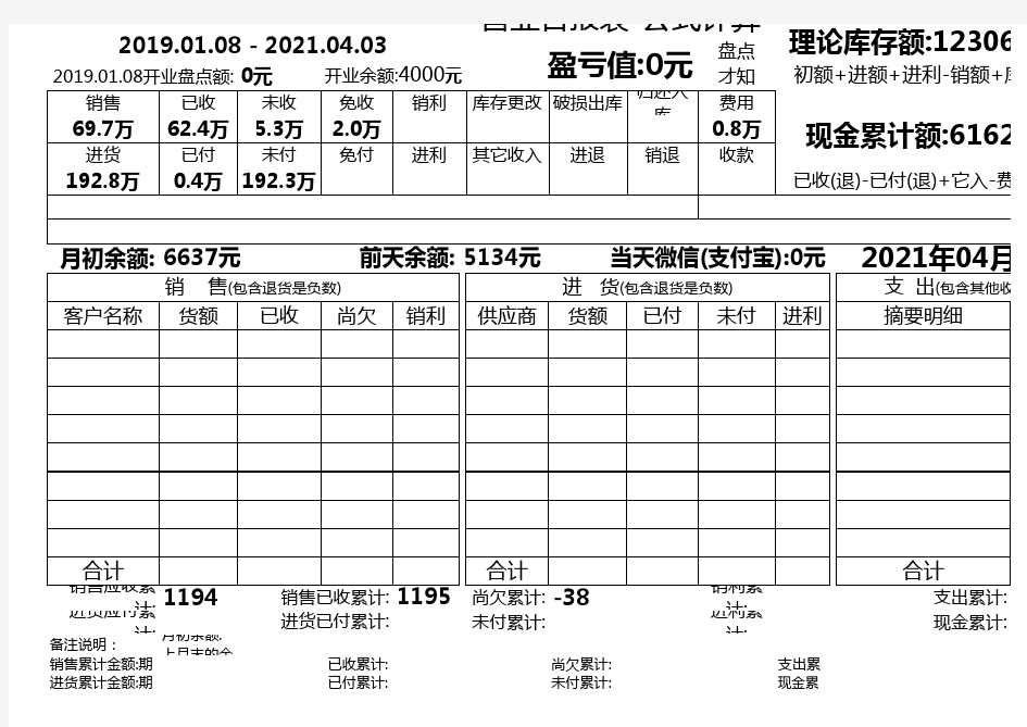 营业日报表-公式计算