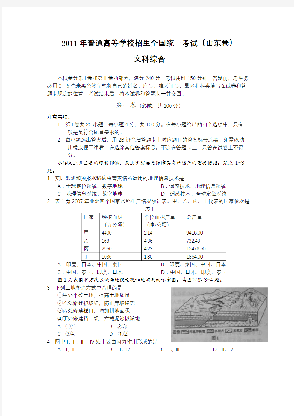 2011年全国高考文综试题及答案-山东