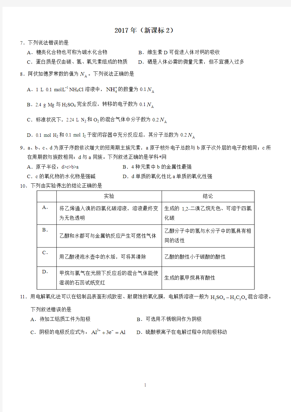 2017年新课标2高考化学真题含答案