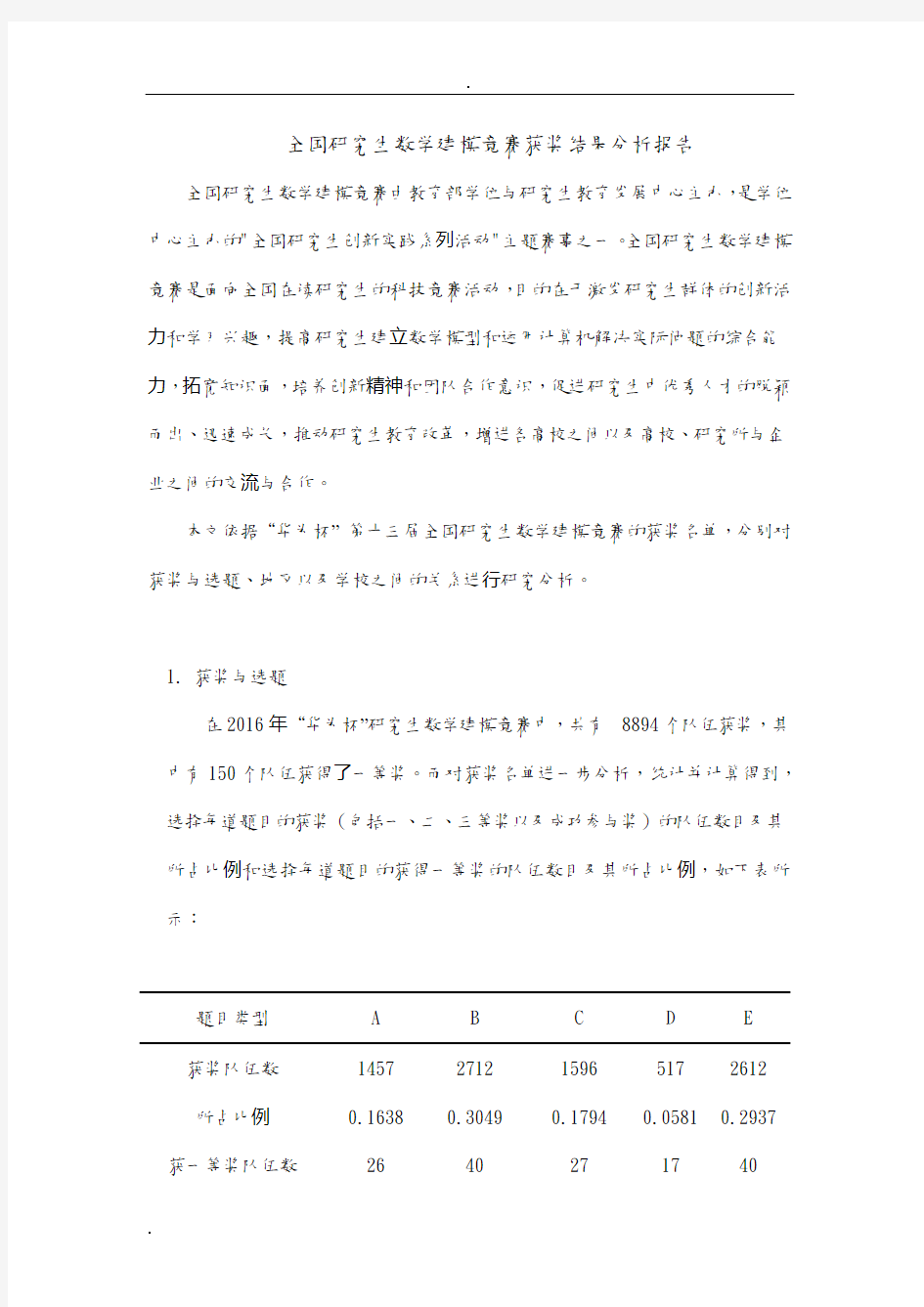 “华为杯”研究生数学建模获奖结果分析