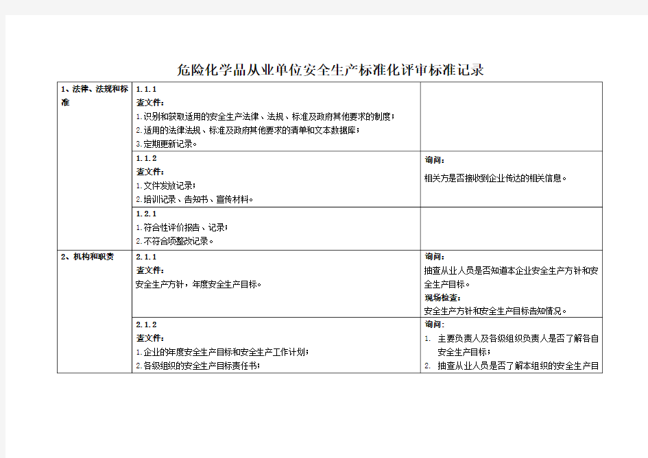 危险化学品从业单位安全生产标准化评审标准记录