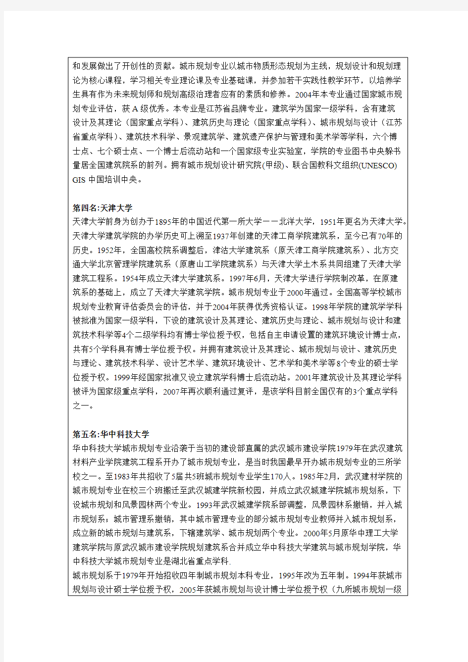 中国高校城市规划专业研究生培养综合排名(2011最新版)