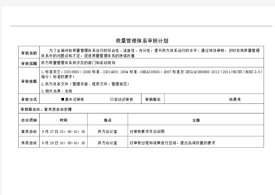 质量管理体系审核计划