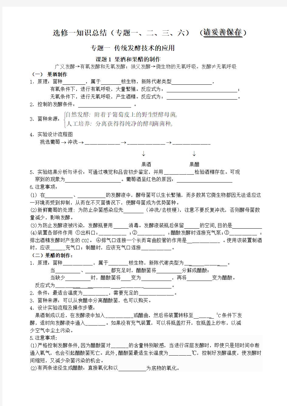 高中生物选修1传统发酵技术 知识点总结