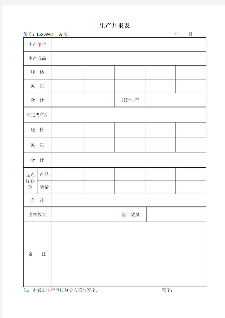 某企业产品生产月报表