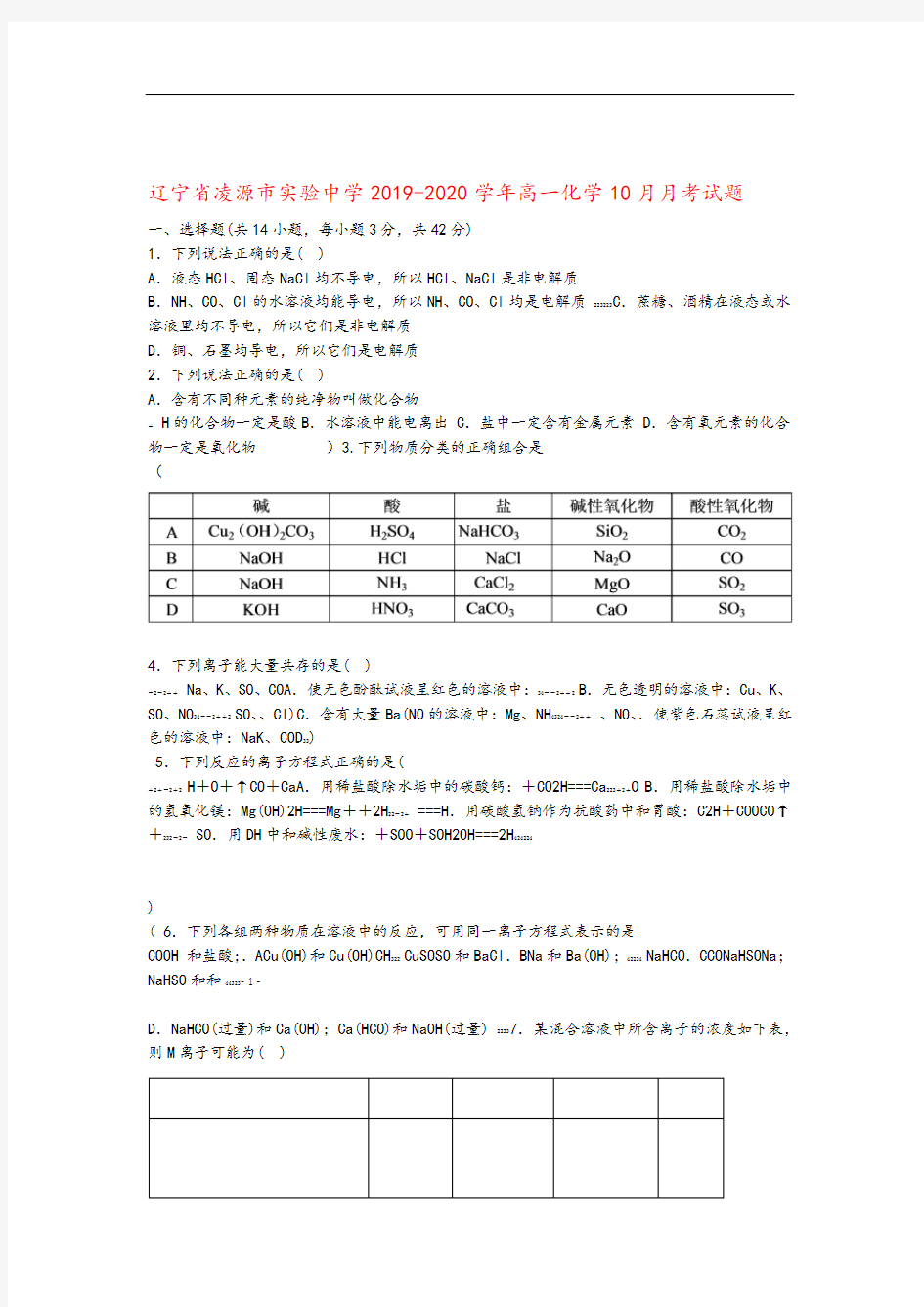 辽宁省凌源市实验中学2019_2020学年高一化学10月月考试题