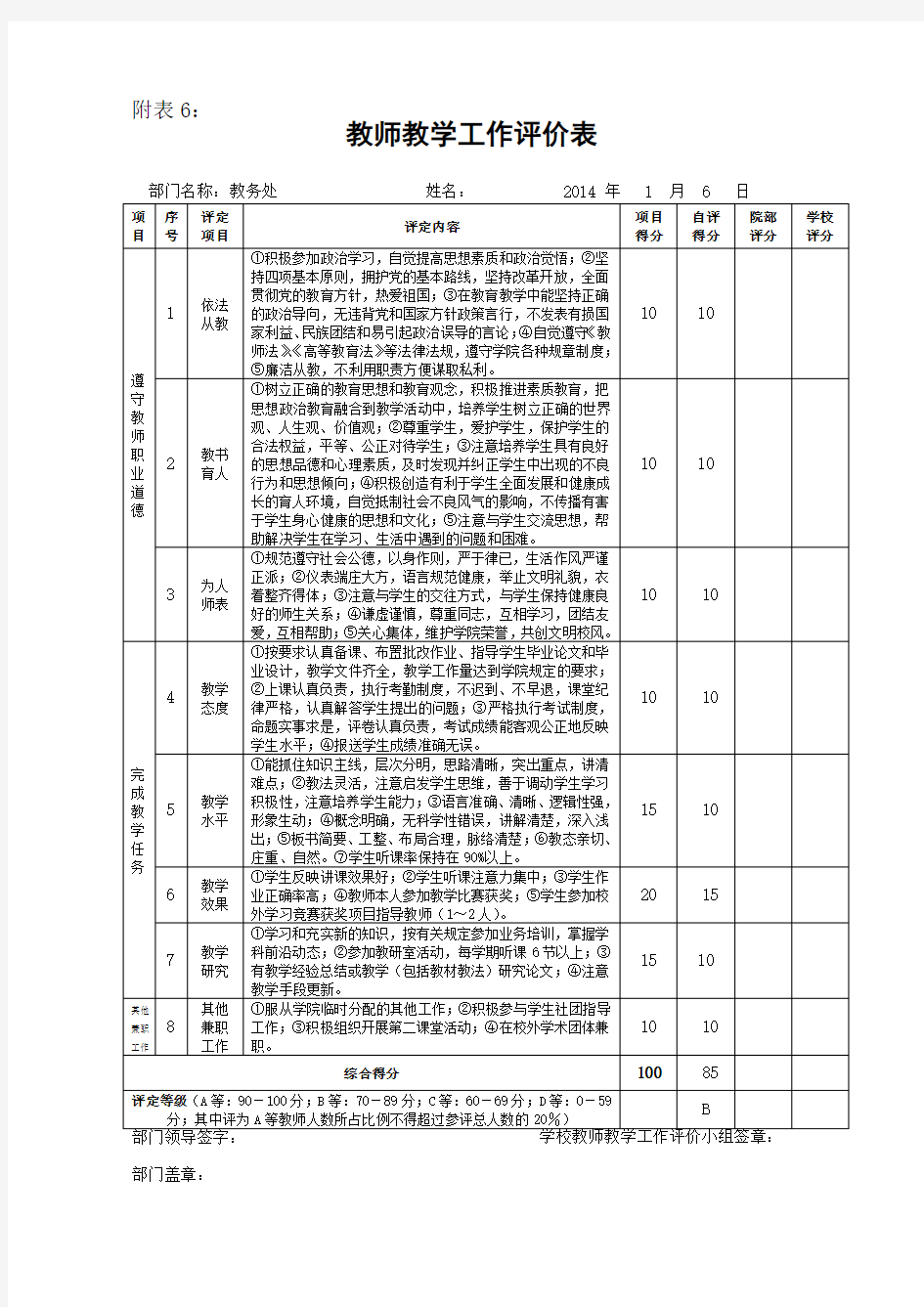 教师教学工作评价表