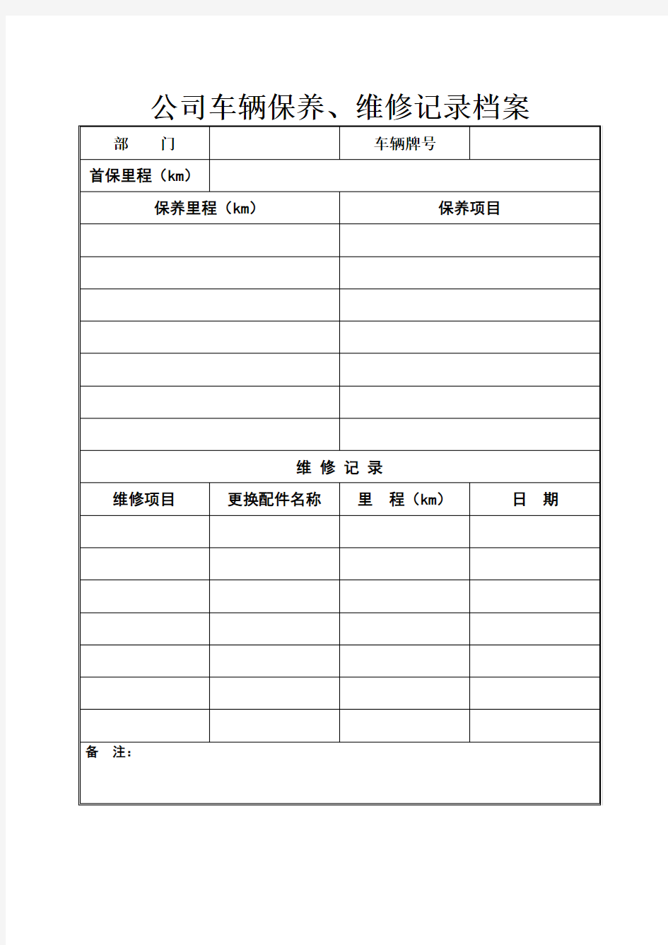 公司车辆保养维修行车日志登记表