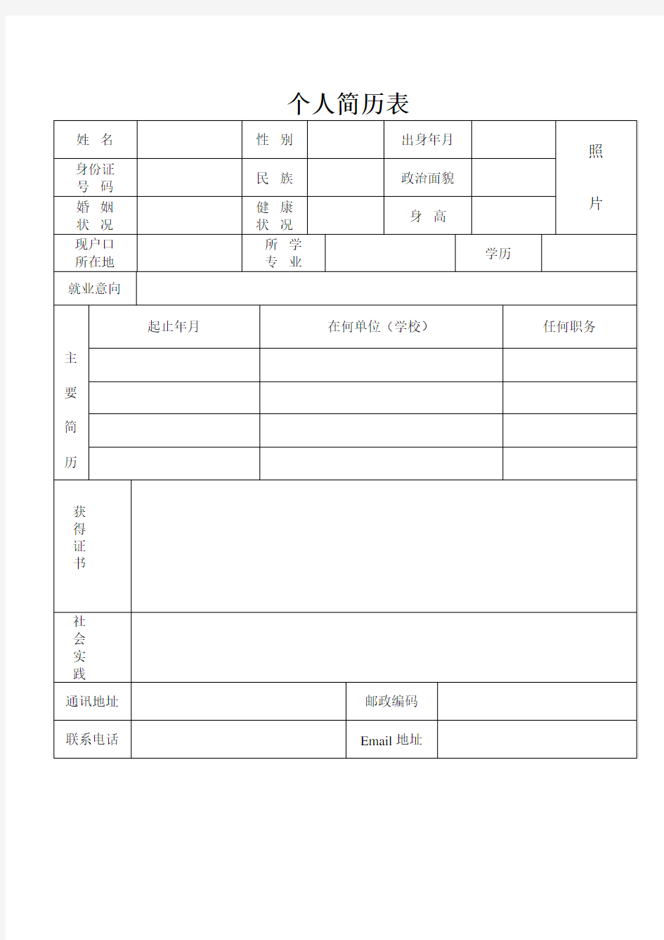 常用个人简历表格(标准)